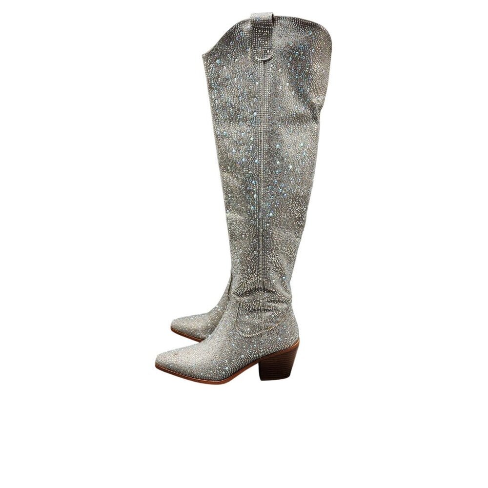 Rhinestone Embellished Silver Western Style Knee-High Boots Block Heel Size 5